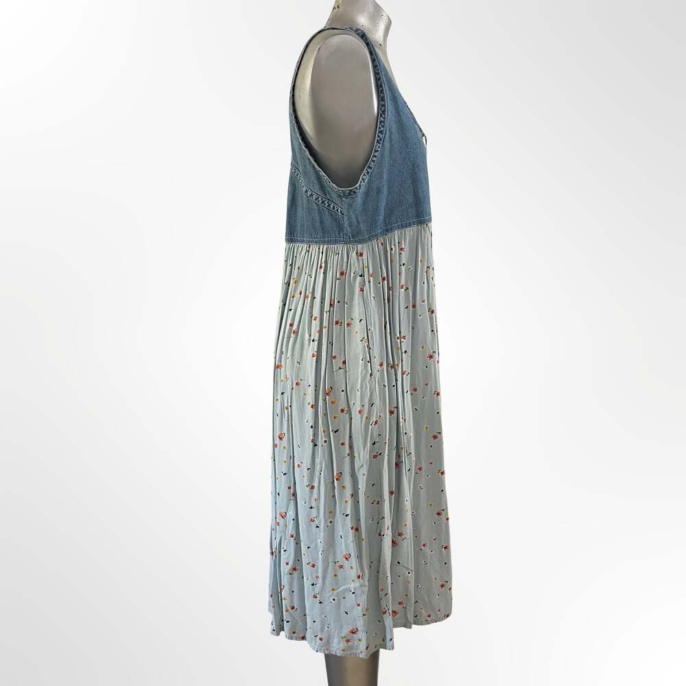 Vintage 90s Denim and Floral Print Sleeveless Midi Jumper Dress - Picture 3 of 4